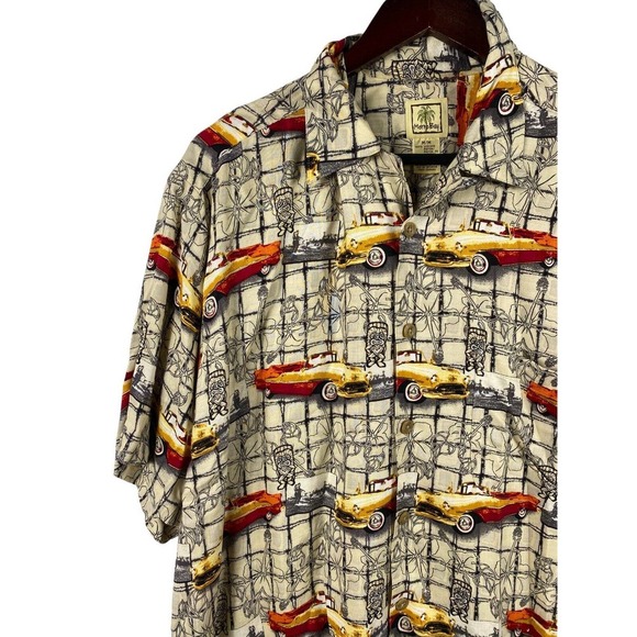 Morro Bay Hawaiian Shirt Medium Button Down Mens Hot Rod Cars Tropical Rayon - Picture 2 of 8